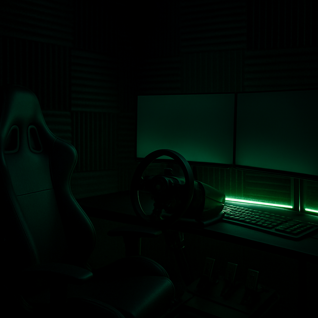 Kaakmans streaming setup met sim-racing rig en neon groene verlichting